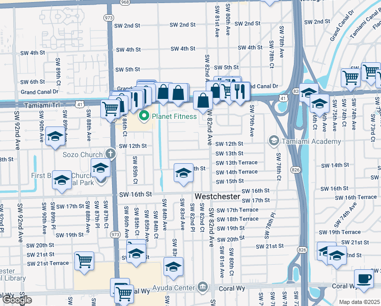 map of restaurants, bars, coffee shops, grocery stores, and more near 8260 SW 12th Terrace in Miami