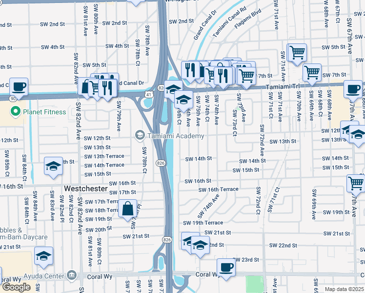 map of restaurants, bars, coffee shops, grocery stores, and more near 1241 Southwest 76th Court in Miami