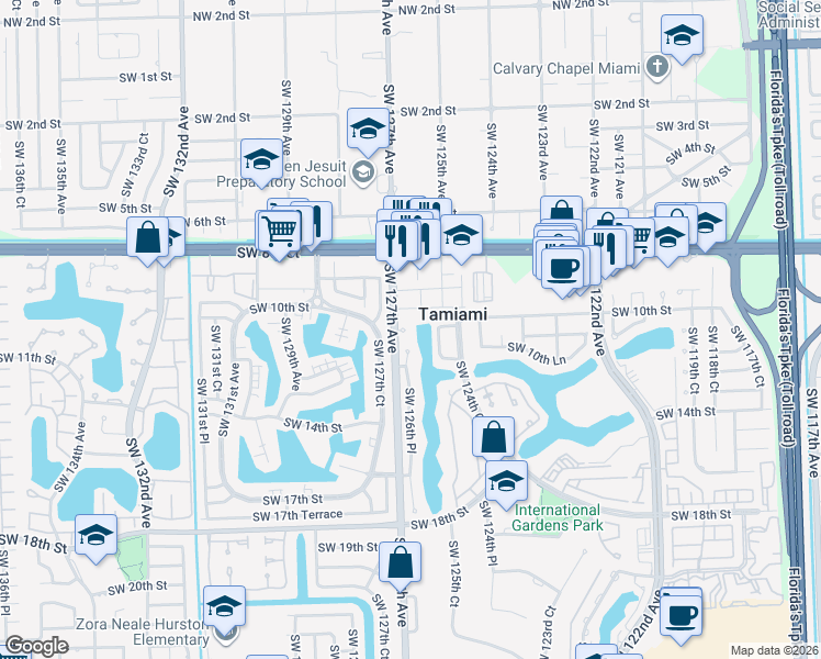map of restaurants, bars, coffee shops, grocery stores, and more near 12631 Southwest 10th Terrace in Miami
