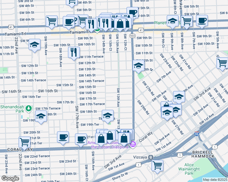 map of restaurants, bars, coffee shops, grocery stores, and more near 1327 Southwest 16th Street in Miami