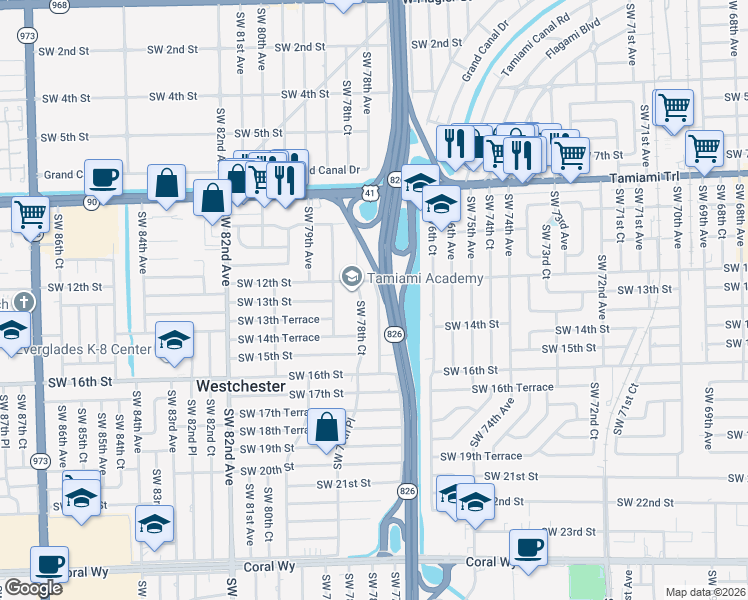 map of restaurants, bars, coffee shops, grocery stores, and more near 1235 Southwest 78th Court in Miami