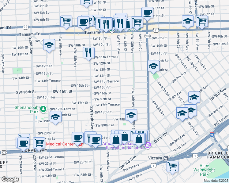 map of restaurants, bars, coffee shops, grocery stores, and more near 1410 Southwest 16th Street in Miami