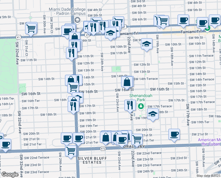 map of restaurants, bars, coffee shops, grocery stores, and more near 2351 Southwest 16th Street in Miami