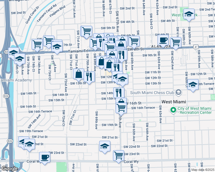 map of restaurants, bars, coffee shops, grocery stores, and more near 6791 Southwest 13th Terrace in Miami
