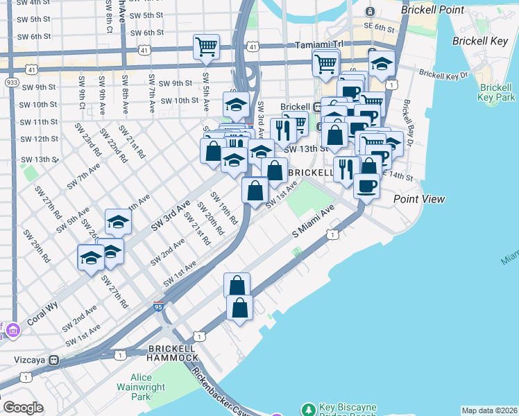 map of restaurants, bars, coffee shops, grocery stores, and more near 1800 Southwest 1st Avenue in Miami