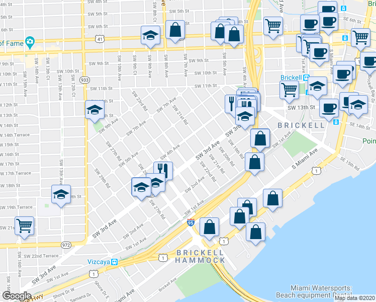 map of restaurants, bars, coffee shops, grocery stores, and more near 300 Southwest 22nd Road in Miami
