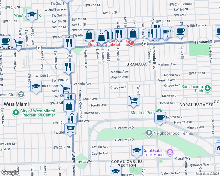 map of restaurants, bars, coffee shops, grocery stores, and more near 1260 Ortega Avenue in Coral Gables