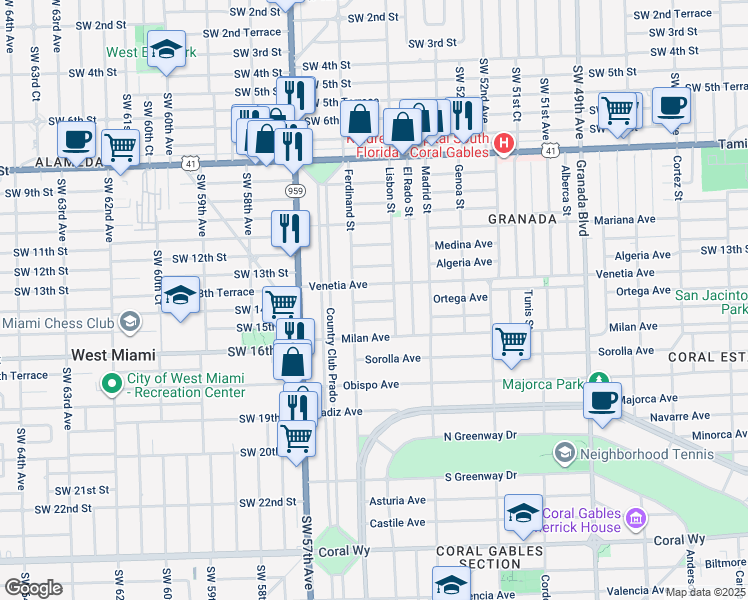 map of restaurants, bars, coffee shops, grocery stores, and more near 1424 Ortega Avenue in Coral Gables