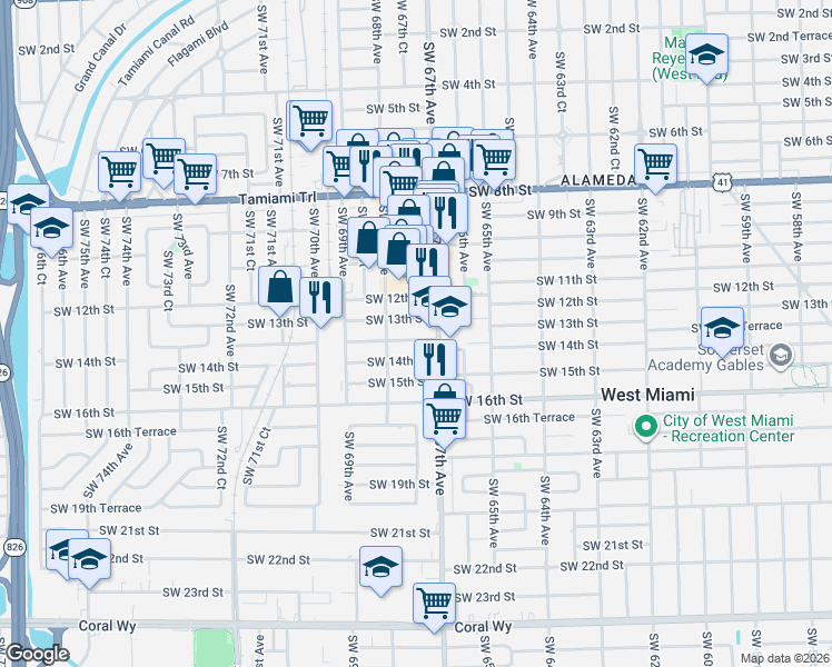 map of restaurants, bars, coffee shops, grocery stores, and more near 1350 Ludlam Road in West Miami