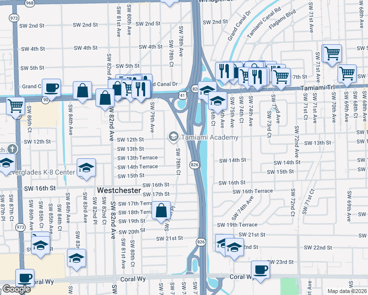 map of restaurants, bars, coffee shops, grocery stores, and more near 1235 Southwest 78th Court in Miami