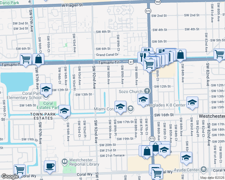 map of restaurants, bars, coffee shops, grocery stores, and more near 8980 Southwest 12th Street in Miami