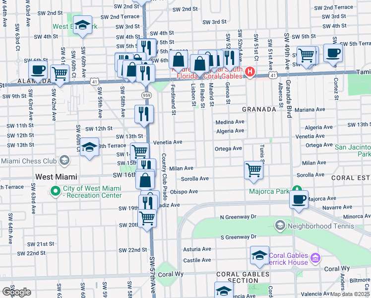 map of restaurants, bars, coffee shops, grocery stores, and more near 1424 Ortega Avenue in Coral Gables