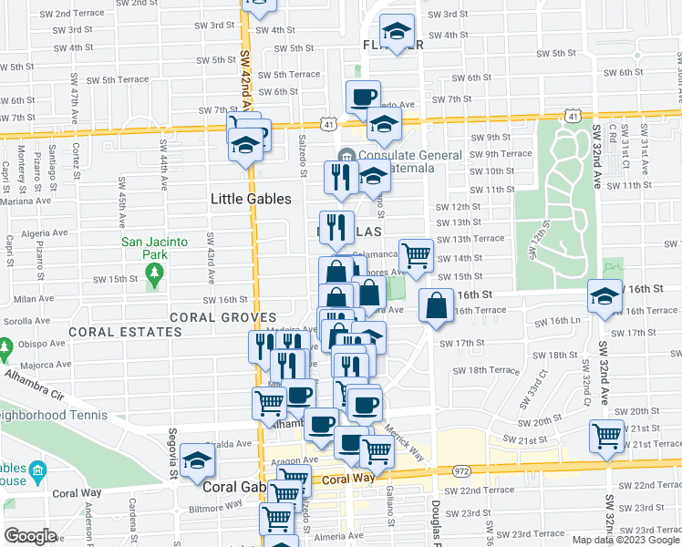 map of restaurants, bars, coffee shops, grocery stores, and more near Menores Avenue in Miami