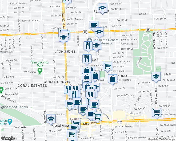 map of restaurants, bars, coffee shops, grocery stores, and more near Menores Avenue in Coral Gables