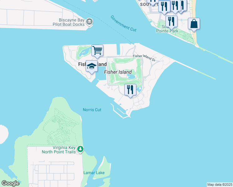 map of restaurants, bars, coffee shops, grocery stores, and more near 2111 Fisher Island Drive in Miami Beach