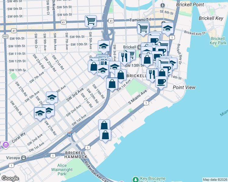 map of restaurants, bars, coffee shops, grocery stores, and more near 1800 Southwest 1st Avenue in Miami
