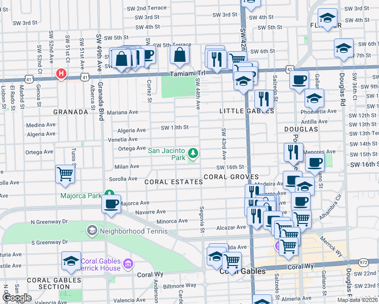 map of restaurants, bars, coffee shops, grocery stores, and more near 4447 Southwest 15th Street in Miami