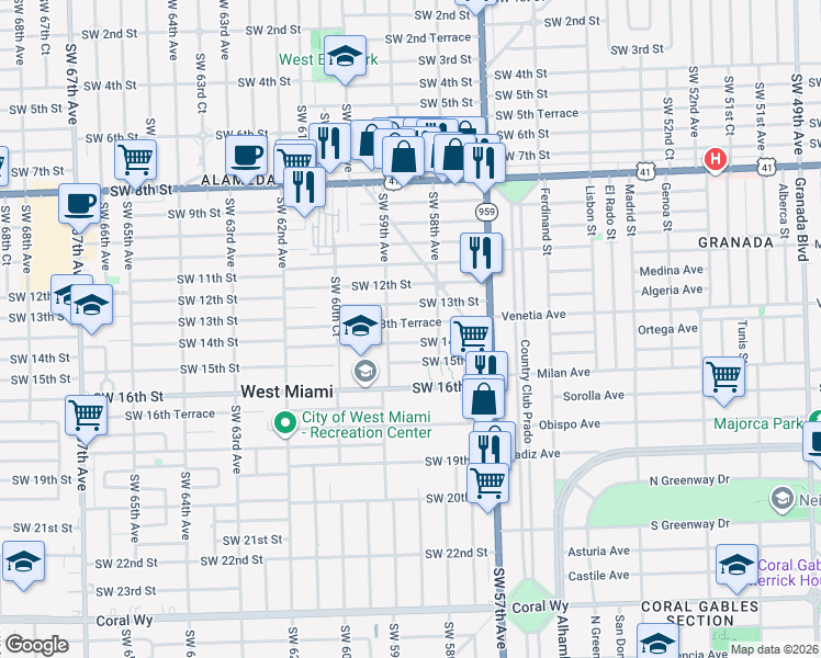 map of restaurants, bars, coffee shops, grocery stores, and more near 5831 Southwest 14th Street in West Miami