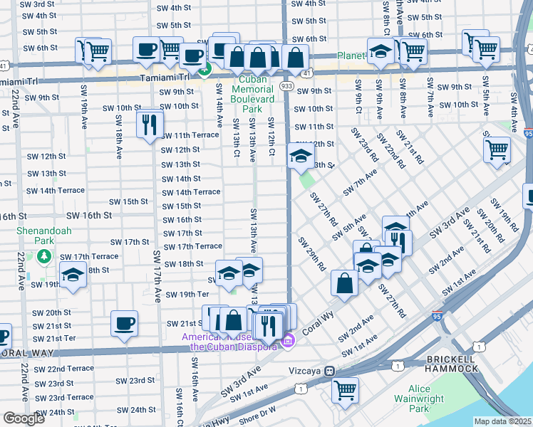 map of restaurants, bars, coffee shops, grocery stores, and more near 1255 Southwest 16th Street in Miami