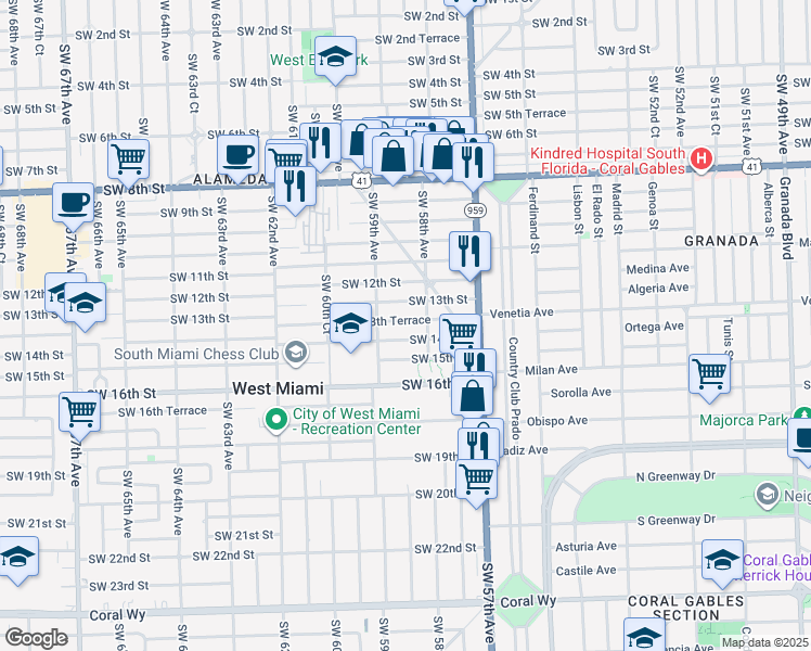 map of restaurants, bars, coffee shops, grocery stores, and more near 5831 Southwest 14th Street in West Miami