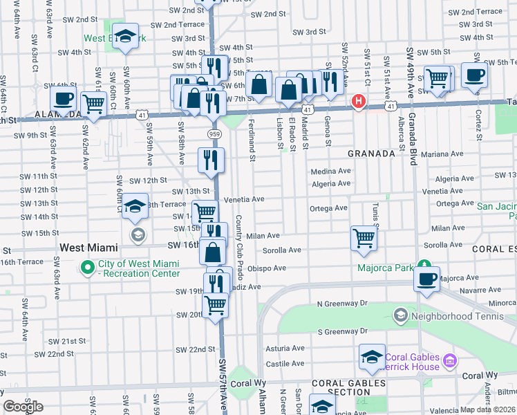 map of restaurants, bars, coffee shops, grocery stores, and more near 1315 Ferdinand Street in Coral Gables