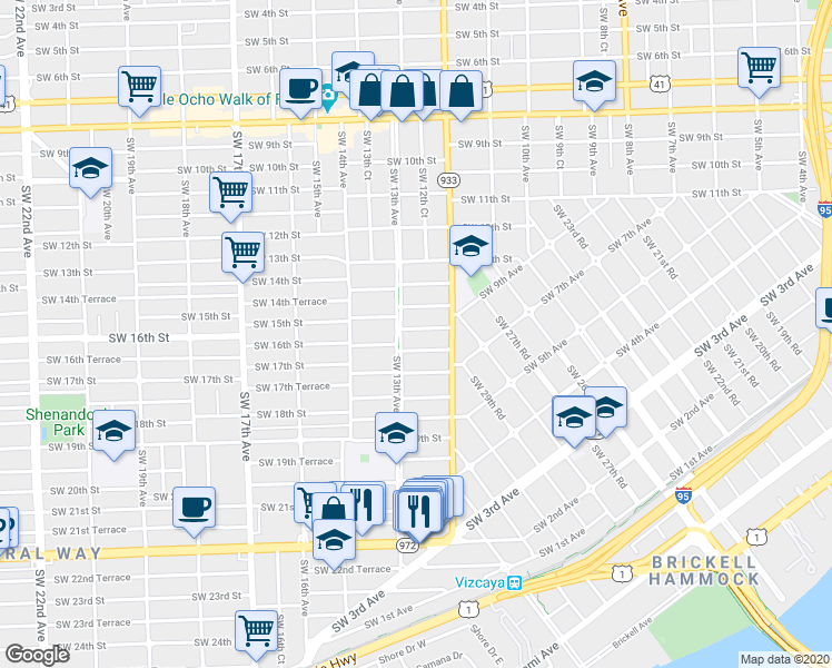 map of restaurants, bars, coffee shops, grocery stores, and more near 1255 Southwest 16th Street in Miami