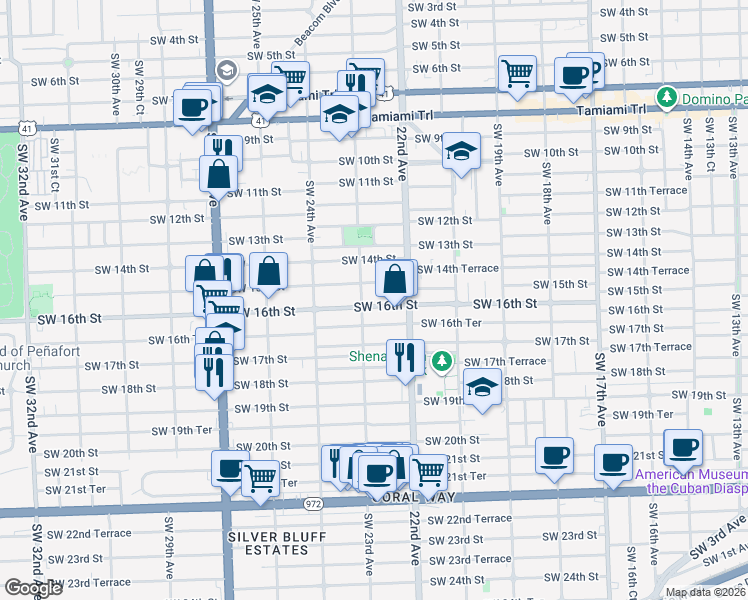 map of restaurants, bars, coffee shops, grocery stores, and more near 2280 Southwest 16th Street in Miami