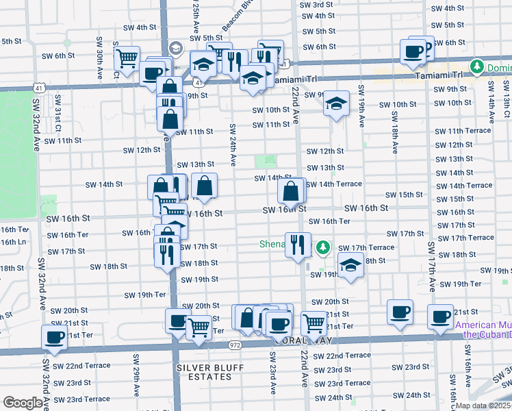 map of restaurants, bars, coffee shops, grocery stores, and more near 2351 Southwest 16th Street in Miami