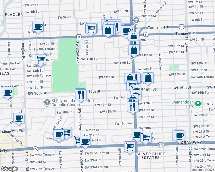 map of restaurants, bars, coffee shops, grocery stores, and more near 1535 Southwest 30th Avenue in Miami