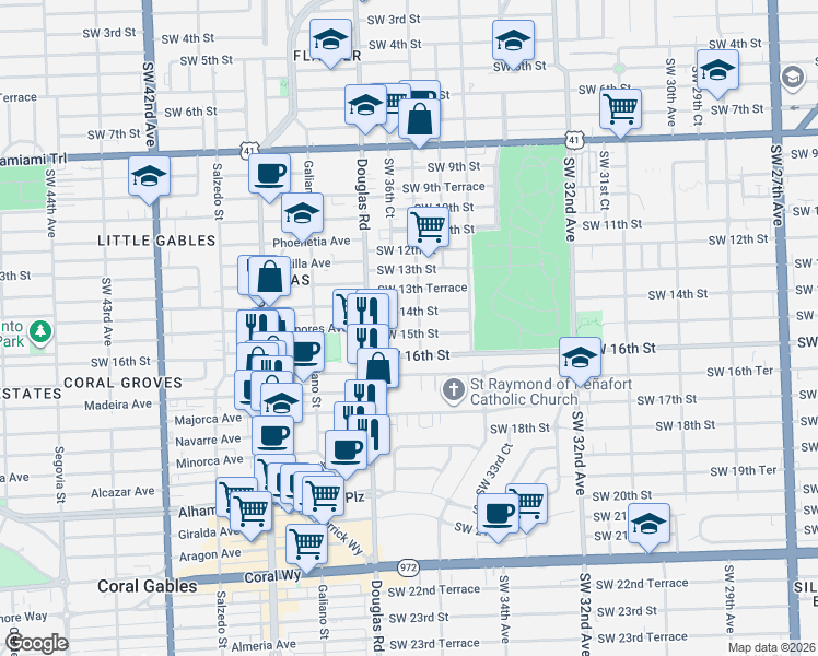 map of restaurants, bars, coffee shops, grocery stores, and more near 1500 Southwest 36th Avenue in Miami