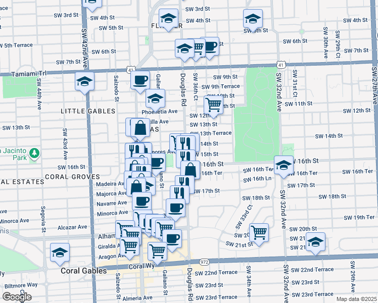 map of restaurants, bars, coffee shops, grocery stores, and more near 3681 Southwest 15th Street in Miami