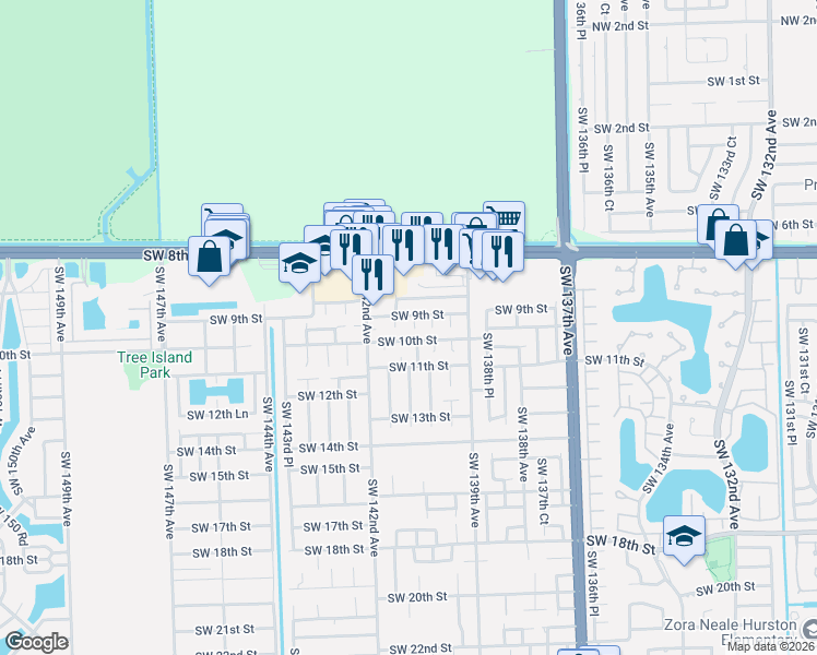 map of restaurants, bars, coffee shops, grocery stores, and more near 13961 Southwest 10th Street in Miami