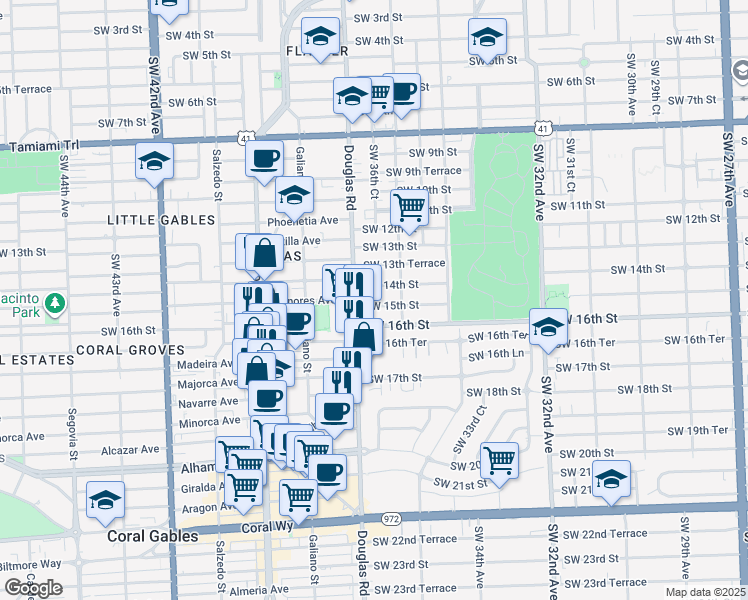 map of restaurants, bars, coffee shops, grocery stores, and more near 3661 Southwest 15th Street in Miami