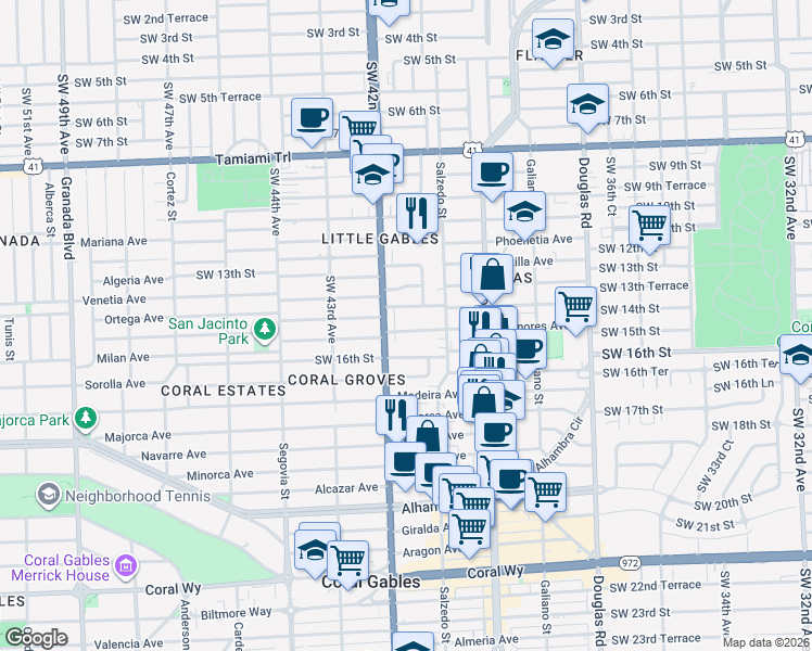 map of restaurants, bars, coffee shops, grocery stores, and more near 350 Menores Avenue in Miami