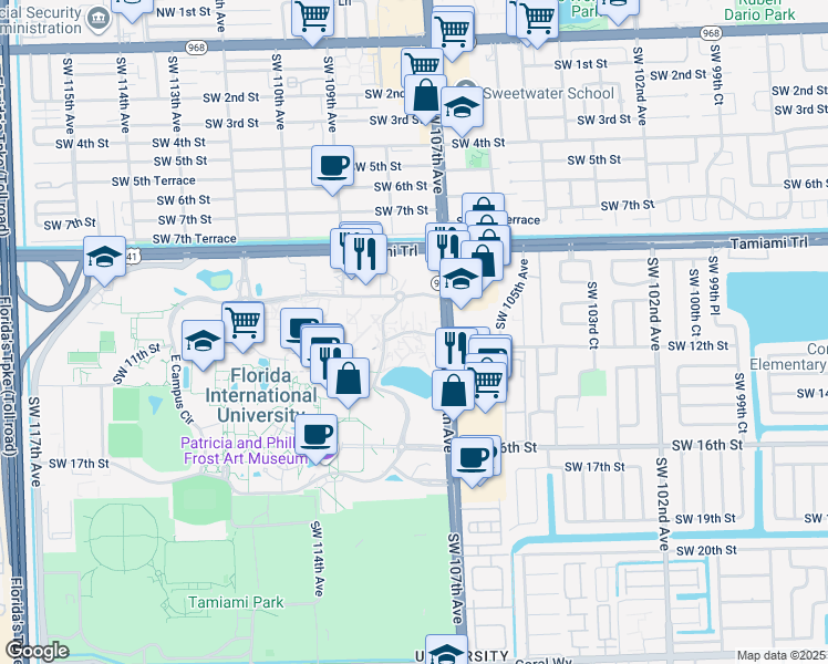 map of restaurants, bars, coffee shops, grocery stores, and more near 11212 Southwest 11th Street in Miami
