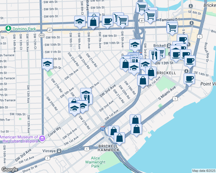 map of restaurants, bars, coffee shops, grocery stores, and more near 300 Southwest 22nd Road in Miami