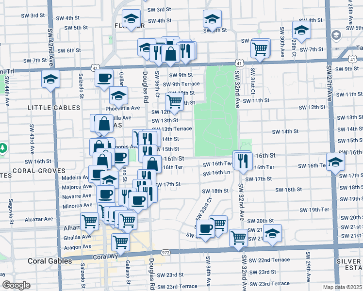 map of restaurants, bars, coffee shops, grocery stores, and more near 3430 Southwest 15th Street in Miami