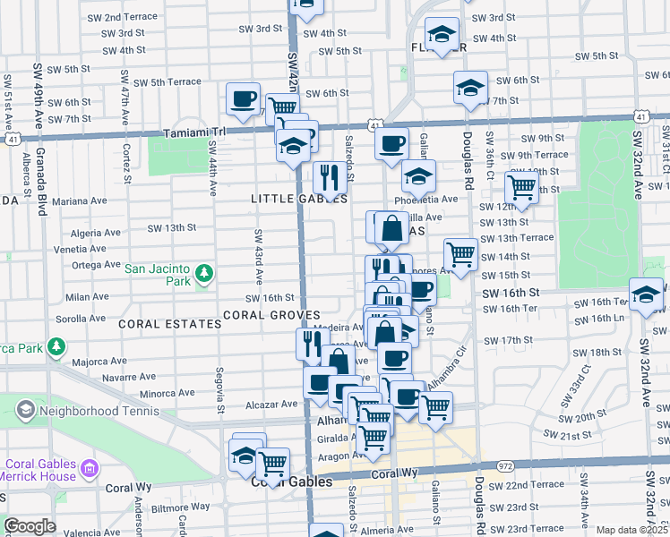 map of restaurants, bars, coffee shops, grocery stores, and more near 350 Menores Avenue in Miami