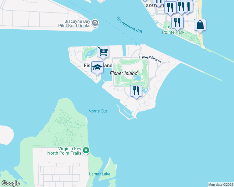 map of restaurants, bars, coffee shops, grocery stores, and more near 2111 Fisher Island Drive in Miami Beach