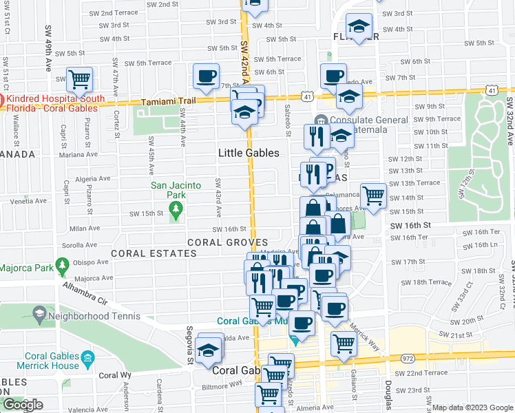 map of restaurants, bars, coffee shops, grocery stores, and more near 1467 South Le Jeune Road in Miami