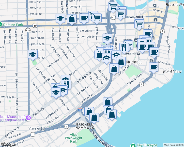 map of restaurants, bars, coffee shops, grocery stores, and more near 245 Southwest 21st Road in Miami