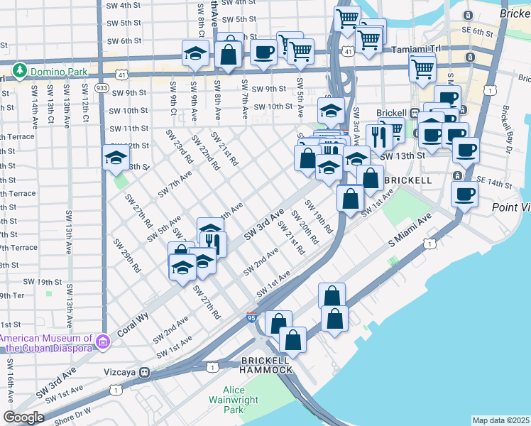 map of restaurants, bars, coffee shops, grocery stores, and more near 300 Southwest 22nd Road in Miami