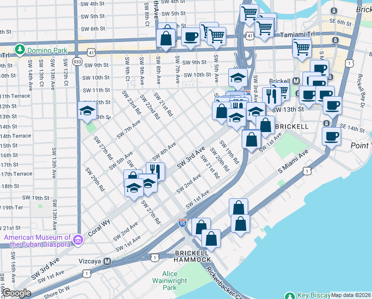 map of restaurants, bars, coffee shops, grocery stores, and more near 300 Southwest 22nd Road in Miami