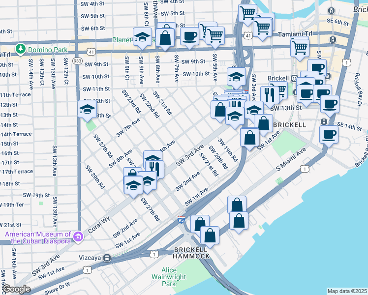 map of restaurants, bars, coffee shops, grocery stores, and more near 300 Southwest 22nd Road in Miami