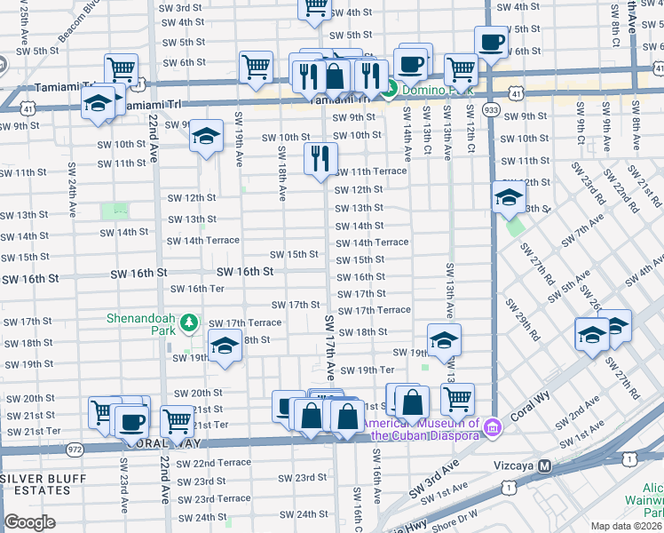 map of restaurants, bars, coffee shops, grocery stores, and more near 1661 Southwest 16th Street in Miami