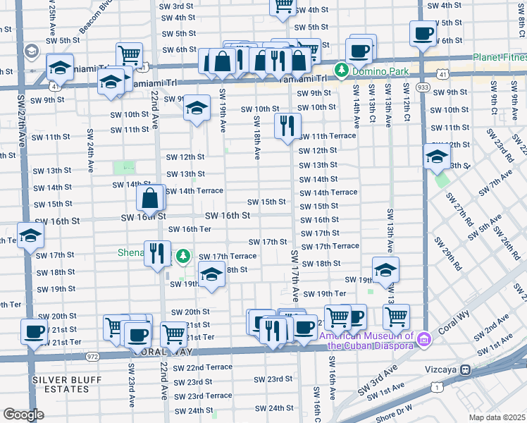 map of restaurants, bars, coffee shops, grocery stores, and more near 1800 Southwest 16th Street in Miami