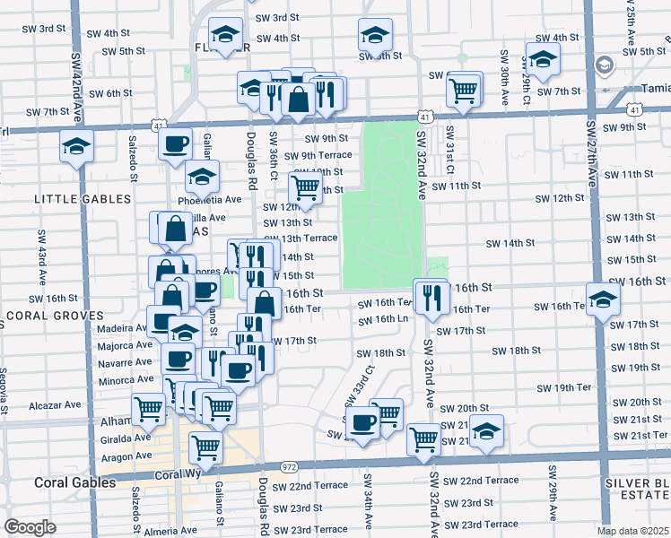 map of restaurants, bars, coffee shops, grocery stores, and more near 3430 Southwest 15th Street in Miami