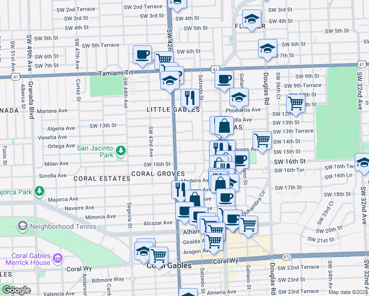 map of restaurants, bars, coffee shops, grocery stores, and more near 350 Menores Avenue in Miami