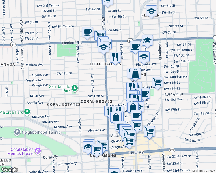 map of restaurants, bars, coffee shops, grocery stores, and more near 4208 Southwest 15th Street in Miami