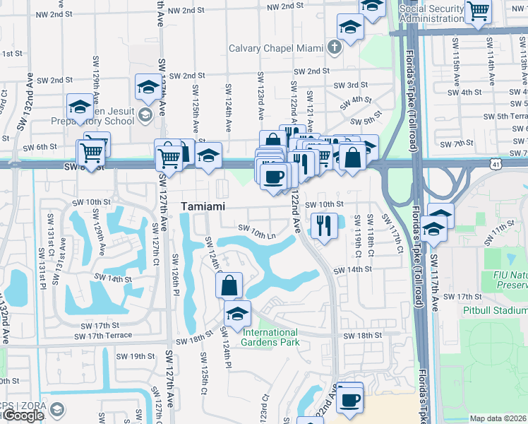 map of restaurants, bars, coffee shops, grocery stores, and more near 1051 Southwest 122nd Place in Miami